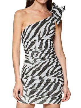 Redemption One-Shoulder Zebra Print Mini Dress in Black and White IT40